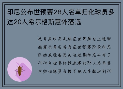 印尼公布世预赛28人名单归化球员多达20人希尔格斯意外落选